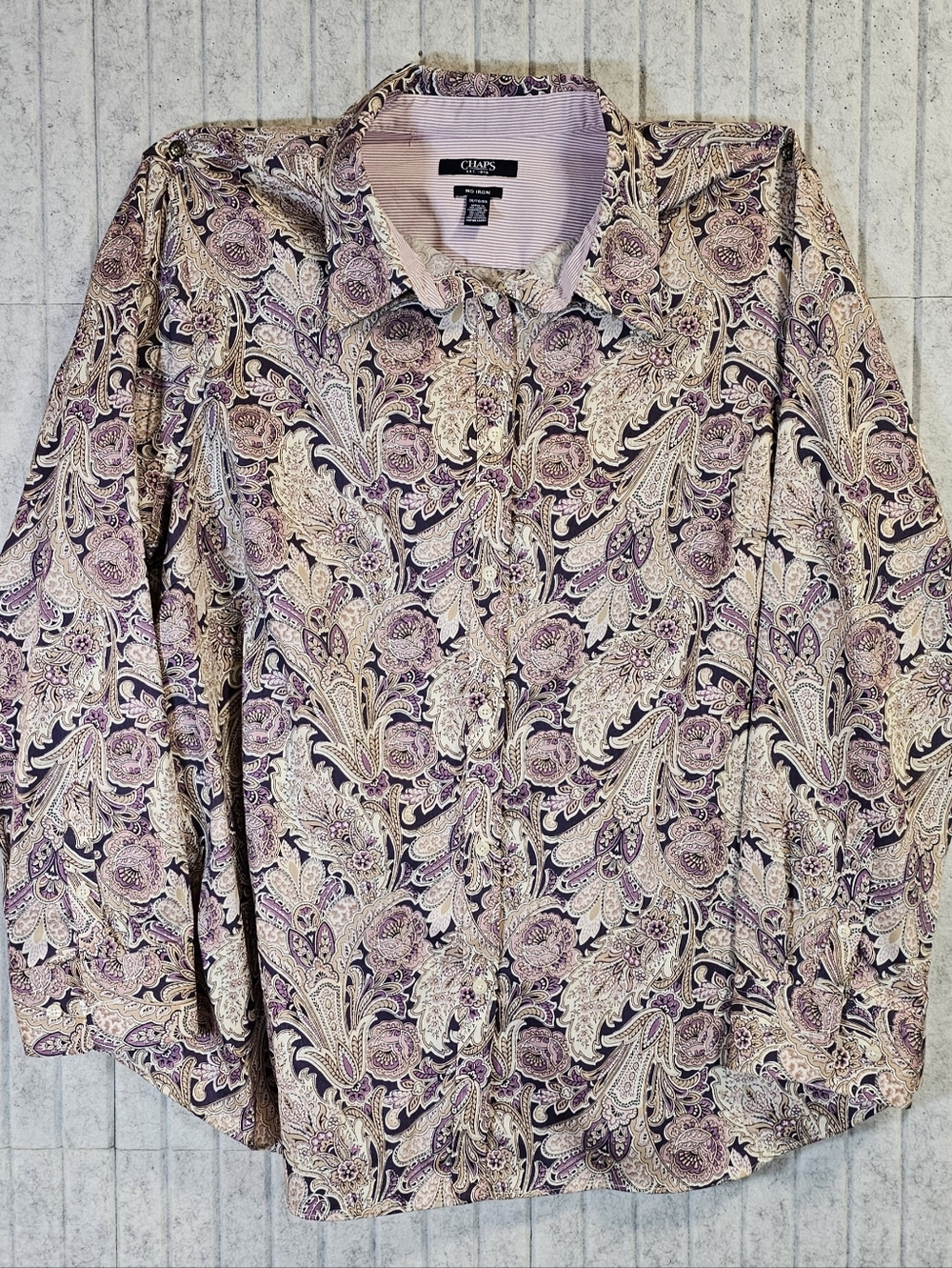 Chaps Paisley Button Down Shirt Women’s 1X No Iron Long Sleeve Purple Tan